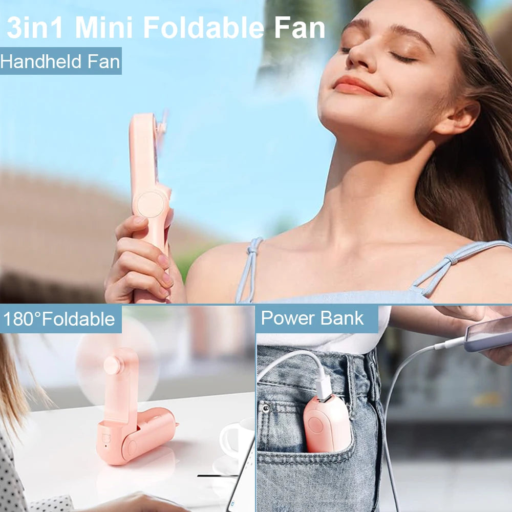 Super Mini Portable Fan – USB Rechargeable, Foldable Handheld Fan with 2000mAh Power Bank and 3 Speed Setting